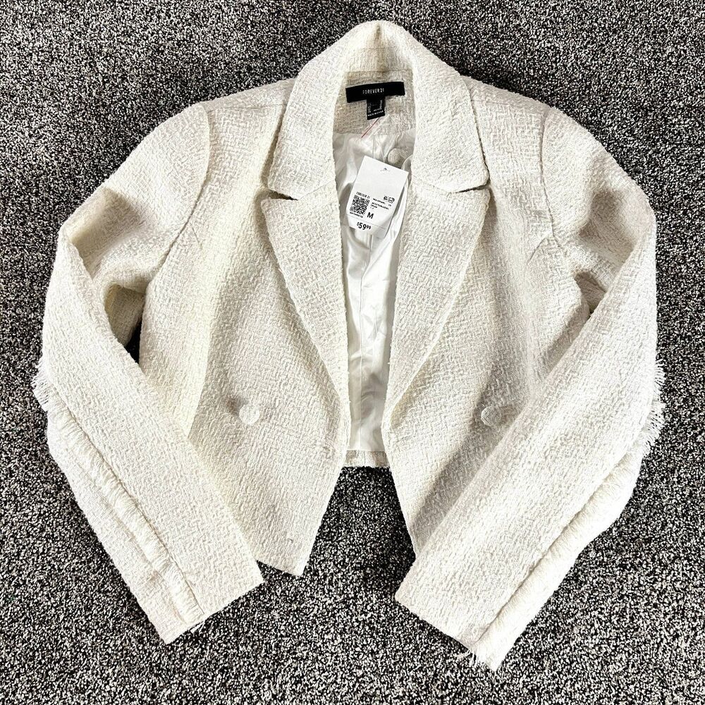 Forever 21 Woven Cropped Frayed-Trim, Double Breasted Blazer Size Medium NWT